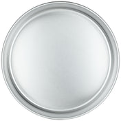 A round, plain, 12 inch aluminum tray or pizza pan viewed from above. The surface is smooth, unadorned, and slightly reflective like a cake pan, with a raised outer rim and no handles or additional features.