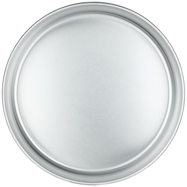 A round, plain, 12 inch aluminum tray or pizza pan viewed from above. The surface is smooth, unadorned, and slightly reflective like a cake pan, with a raised outer rim and no handles or additional features.