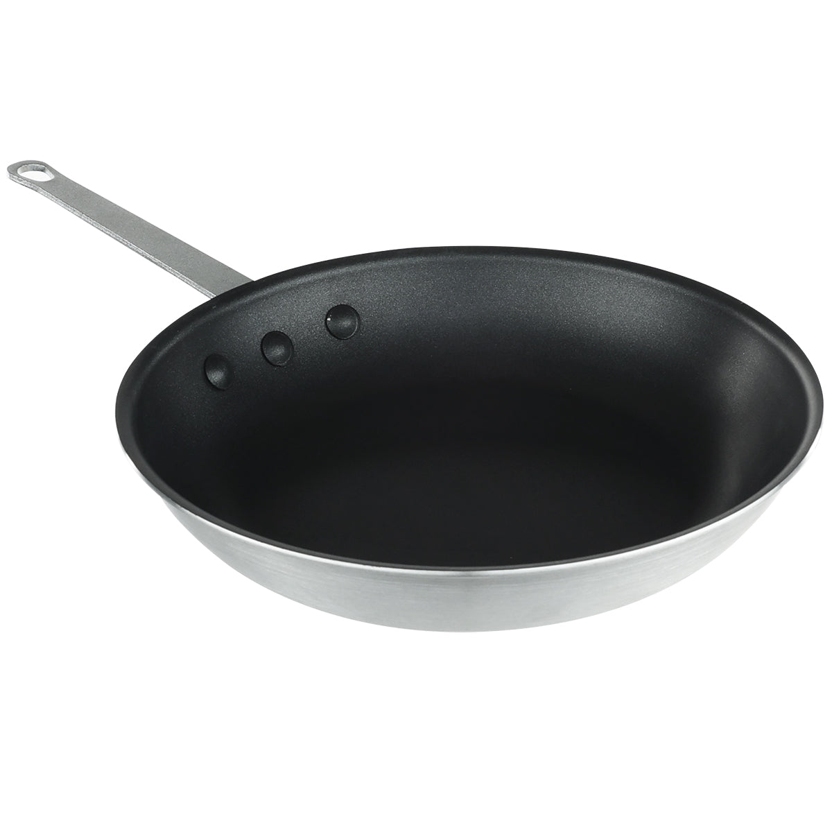 A black 10 inch non stick fry pan with a silver metal handle and three visible rivets attaching the handle to the pan. The pan is empty and shown against a white background.