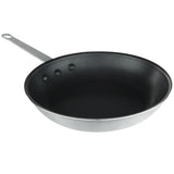 A black 10 inch non stick fry pan with a silver metal handle and three visible rivets attaching the handle to the pan. The pan is empty and shown against a white background.