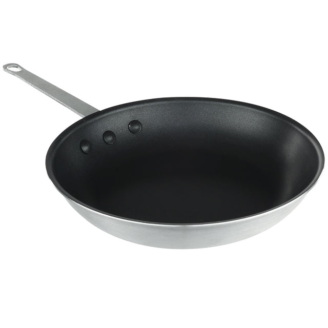 A black 10 inch non stick fry pan with a silver metal handle and three visible rivets attaching the handle to the pan. The pan is empty and shown against a white background.