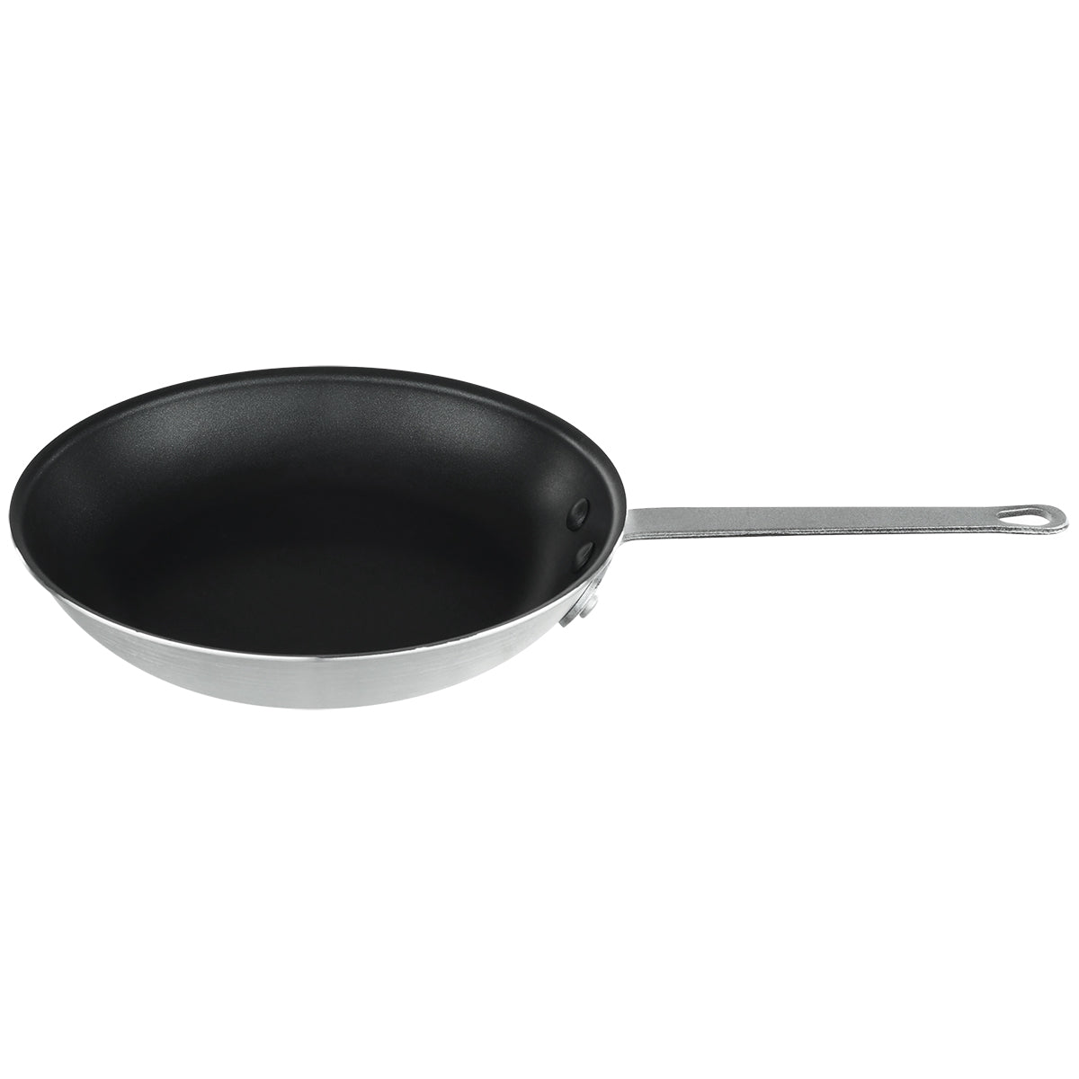 A 10 inch non stick fry pan with a black interior and shiny silver exterior. It features a long, straight silver handle with a hole for hanging. The image displays the pan on a clean white background.