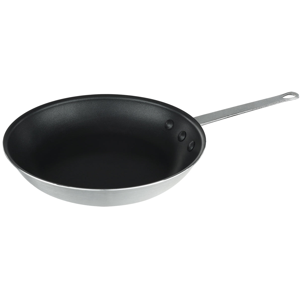 A 10 inch non stick fry pan with a black interior, silver exterior, and a long metal handle featuring a hole at the end. The handle is attached with three visible rivets, and the pan is set against a plain white background.