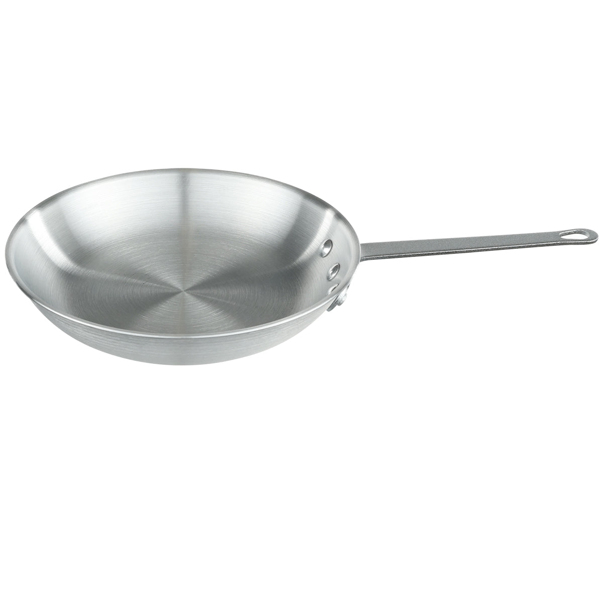 A shiny, silver aluminum fry pan with a deep, round base and sloped sides. It has a long, straight handle attached with three rivets, plus a small hole for hanging. The pan features a smooth, brushed finish and is NSF certified.