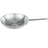 A shiny, silver aluminum fry pan with a deep, round base and sloped sides. It has a long, straight handle attached with three rivets, plus a small hole for hanging. The pan features a smooth, brushed finish and is NSF certified.