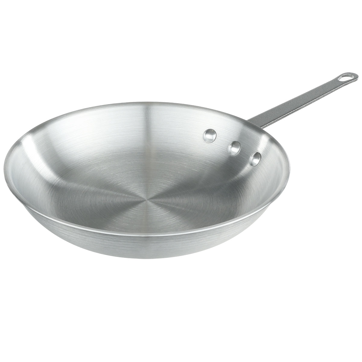 A shiny, silver aluminum fry pan with a long, straight handle attached by three rivets. The pan has gently sloped sides and a hole at the handle’s end for hanging. Its smooth, reflective surface features a brushed metal finish. NSF certified for quality.