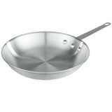 A shiny, silver aluminum fry pan with a long, straight handle attached by three rivets. The pan has gently sloped sides and a hole at the handle’s end for hanging. Its smooth, reflective surface features a brushed metal finish. NSF certified for quality.