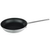 A 12 inch fry pan with a non stick black interior and a long, silver handle extending to the right. The pan features gently sloped sides and a flat base, set against a plain white background.