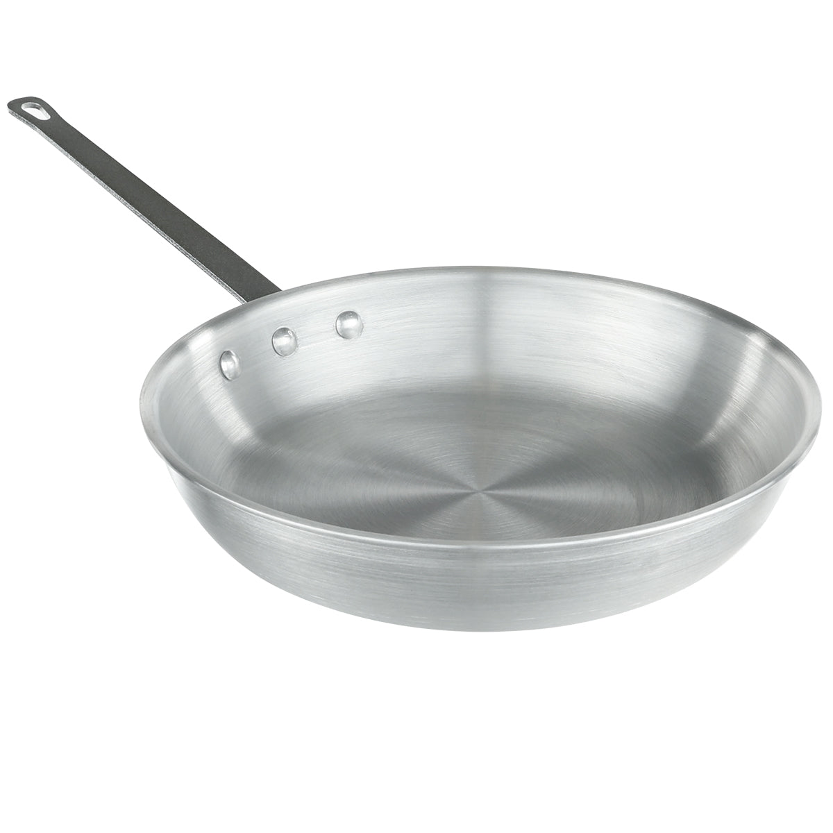 A shiny, 12 inch aluminum fry pan with a flat base and flared sides. It has a long, straight handle attached by three rivets. The empty pan sits on a white background, showcasing its smooth, reflective surface.