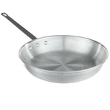 A shiny, 12 inch aluminum fry pan with a flat base and flared sides. It has a long, straight handle attached by three rivets. The empty pan sits on a white background, showcasing its smooth, reflective surface.