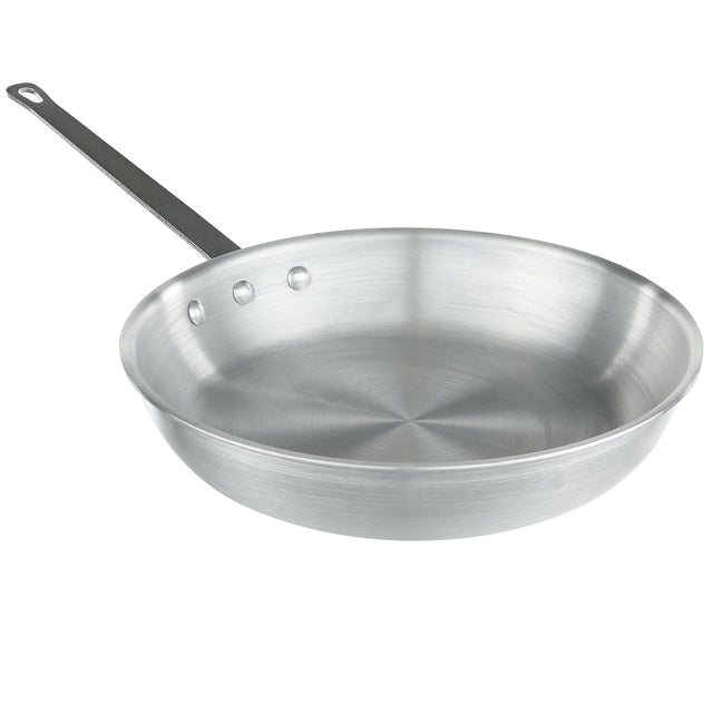 A shiny, 12 inch aluminum fry pan with a flat base and flared sides. It has a long, straight handle attached by three rivets. The empty pan sits on a white background, showcasing its smooth, reflective surface.