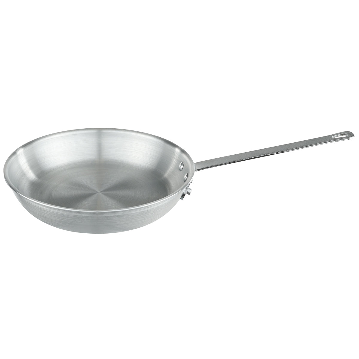 A 12 inch aluminum fry pan with a smooth, slightly curved edge and a long, straight handle featuring a hole for hanging. The pan’s interior and exterior have a brushed matte finish. The empty pan rests on a white background.