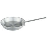 A 12 inch aluminum fry pan with a smooth, slightly curved edge and a long, straight handle featuring a hole for hanging. The pan’s interior and exterior have a brushed matte finish. The empty pan rests on a white background.