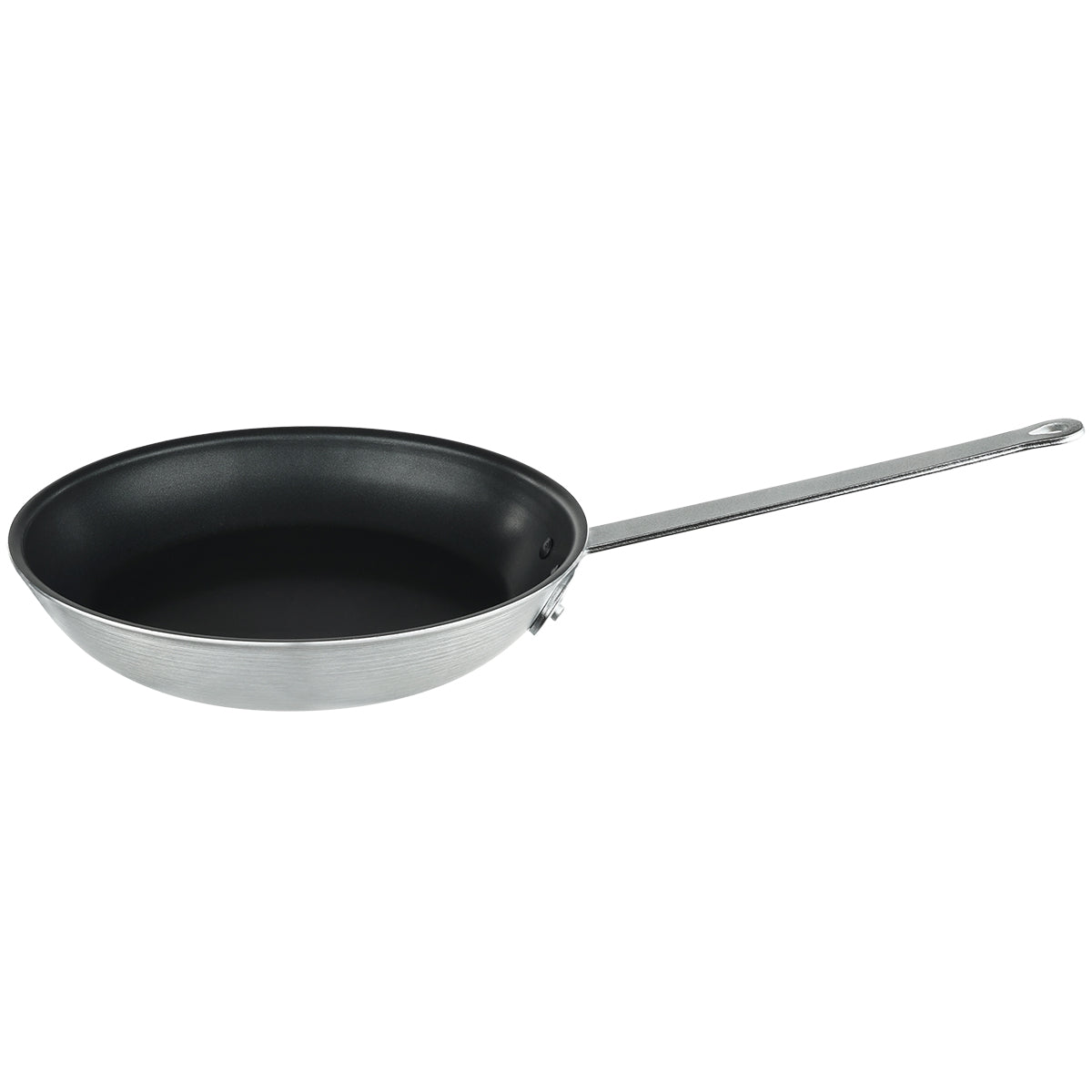 A 14 inch silver fry pan with a non stick black interior and a long metal handle, shown against a white background. The handle features a hole at the end, likely for hanging. The pan is clean and empty.