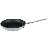 A 14 inch silver fry pan with a non stick black interior and a long metal handle, shown against a white background. The handle features a hole at the end, likely for hanging. The pan is clean and empty.