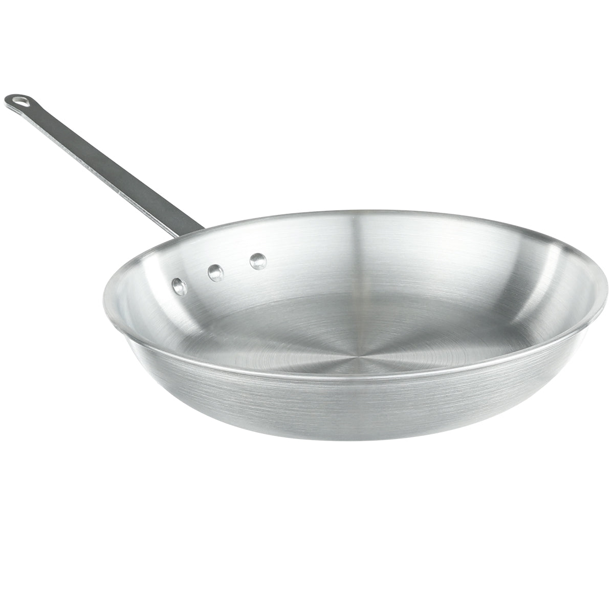 A shiny, metal 14 inch fry pan with a flat bottom and gently sloped sides is shown. It has a long, straight handle attached by three rivets and a hole at the end for hanging. The pan is empty and photographed on a white background.