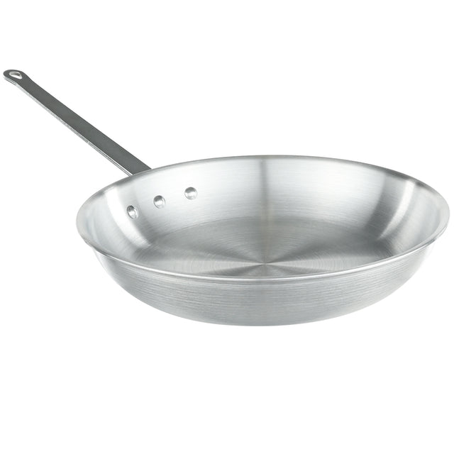A shiny, metal 14 inch fry pan with a flat bottom and gently sloped sides is shown. It has a long, straight handle attached by three rivets and a hole at the end for hanging. The pan is empty and photographed on a white background.