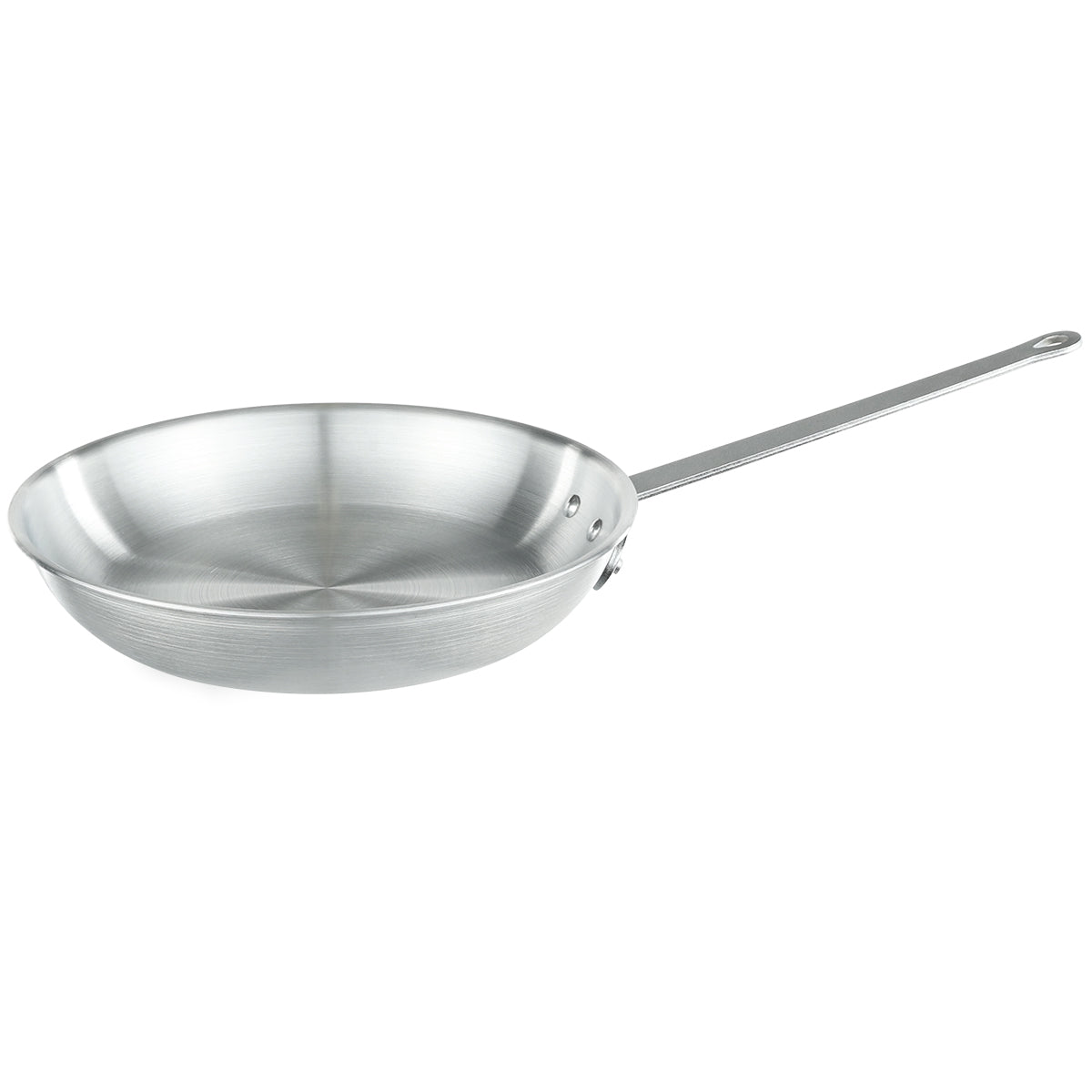 A shiny, silver 14 inch fry pan with a flat, wide base and slightly sloped sides. It has a long, straight handle attached with two rivets and features a small hole at the end for hanging. The pan is positioned on a white background.