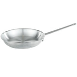 A shiny, silver 14 inch fry pan with a flat, wide base and slightly sloped sides. It has a long, straight handle attached with two rivets and features a small hole at the end for hanging. The pan is positioned on a white background.