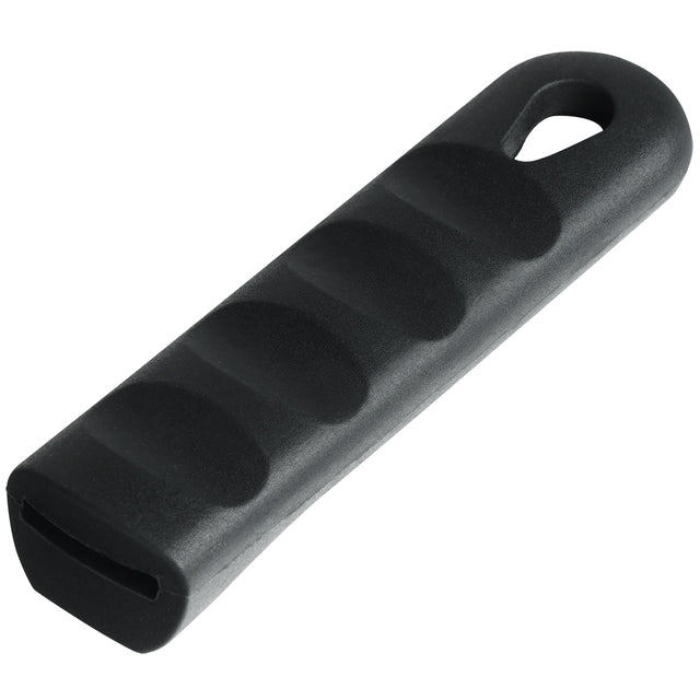 A black, rectangular pan handle sleeve made of rubber with finger grooves and a rounded end featuring an oval hole, ideal for attaching to a tool or carrying strap. Chef approved, the surface is smooth and matte with a slot opening for fitting onto an object.