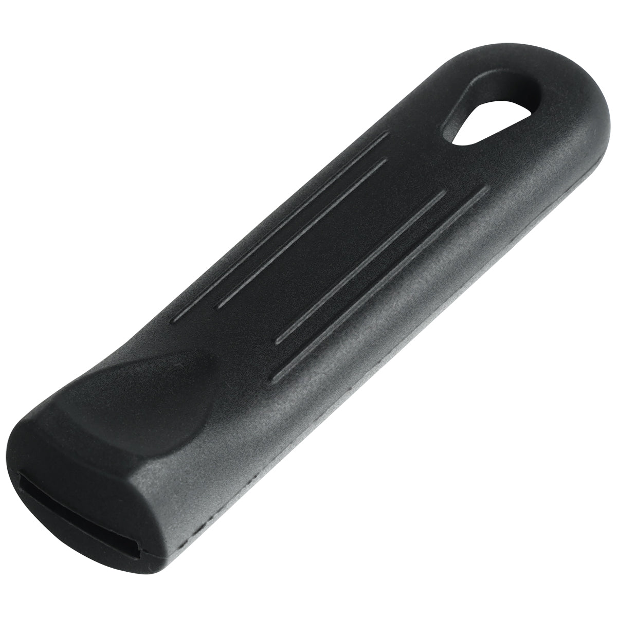 A black, elongated plastic Chef Approved tool with rounded edges, shallow grooves on top, and a teardrop-shaped hole at one end for hanging. The opposite end is flattened and slightly wider, ideal as a Silicone Pan Handle or Pan Handle Sleeve for safe gripping.