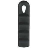 A Chef Approved, black, oval-shaped Silicone Pan Handle Sleeve with a rounded top and teardrop-shaped hole near the top. Four evenly spaced, shallow grooves offer grip or finger placement on its matte, smooth surface.