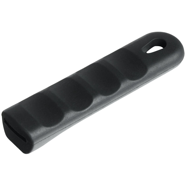 A Chef Approved black, rectangular pan handle sleeve made of textured silicone with four ergonomic finger grooves and a rounded end featuring a small oval hole, ideal for hanging or attaching a lanyard. The matte surface ensures a comfortable grip.