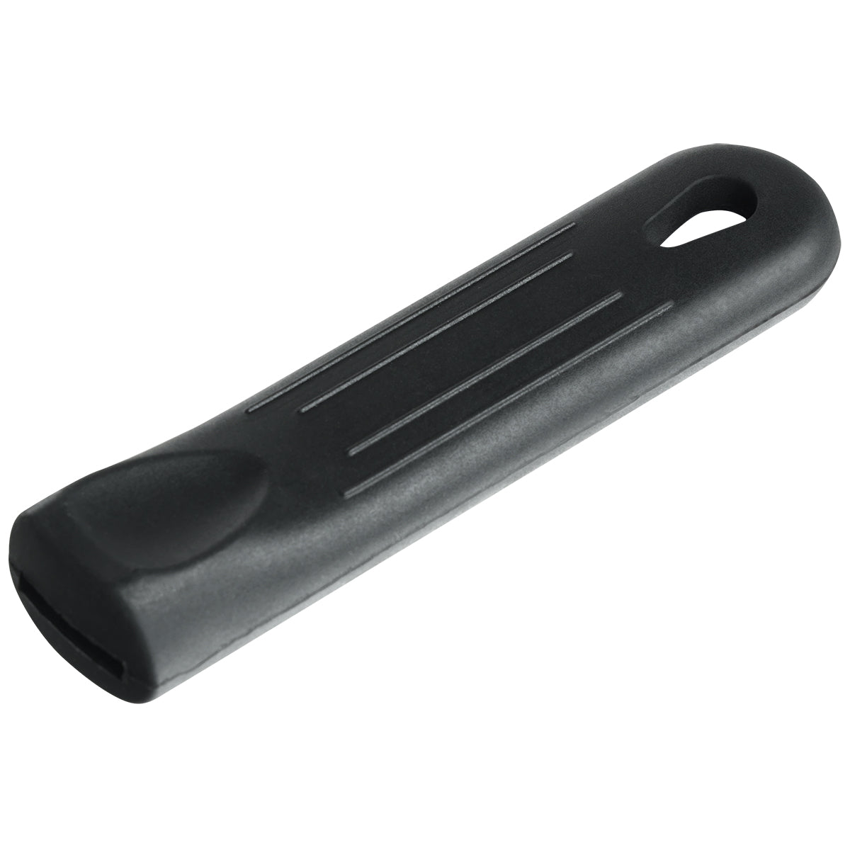A black, rectangular silicone pan handle sleeve with rounded edges, two indented grip lines along the top, a slightly wider base, and a hole near the tapered end for hanging. The matte surface is Chef Approved and smooth to the touch.
