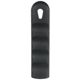 A black, elongated Silicone pan handle sleeve with four indented finger grooves and a teardrop-shaped hole at the top for hanging. Chef approved, its smooth and slightly matte surface ensures a secure, comfortable grip.