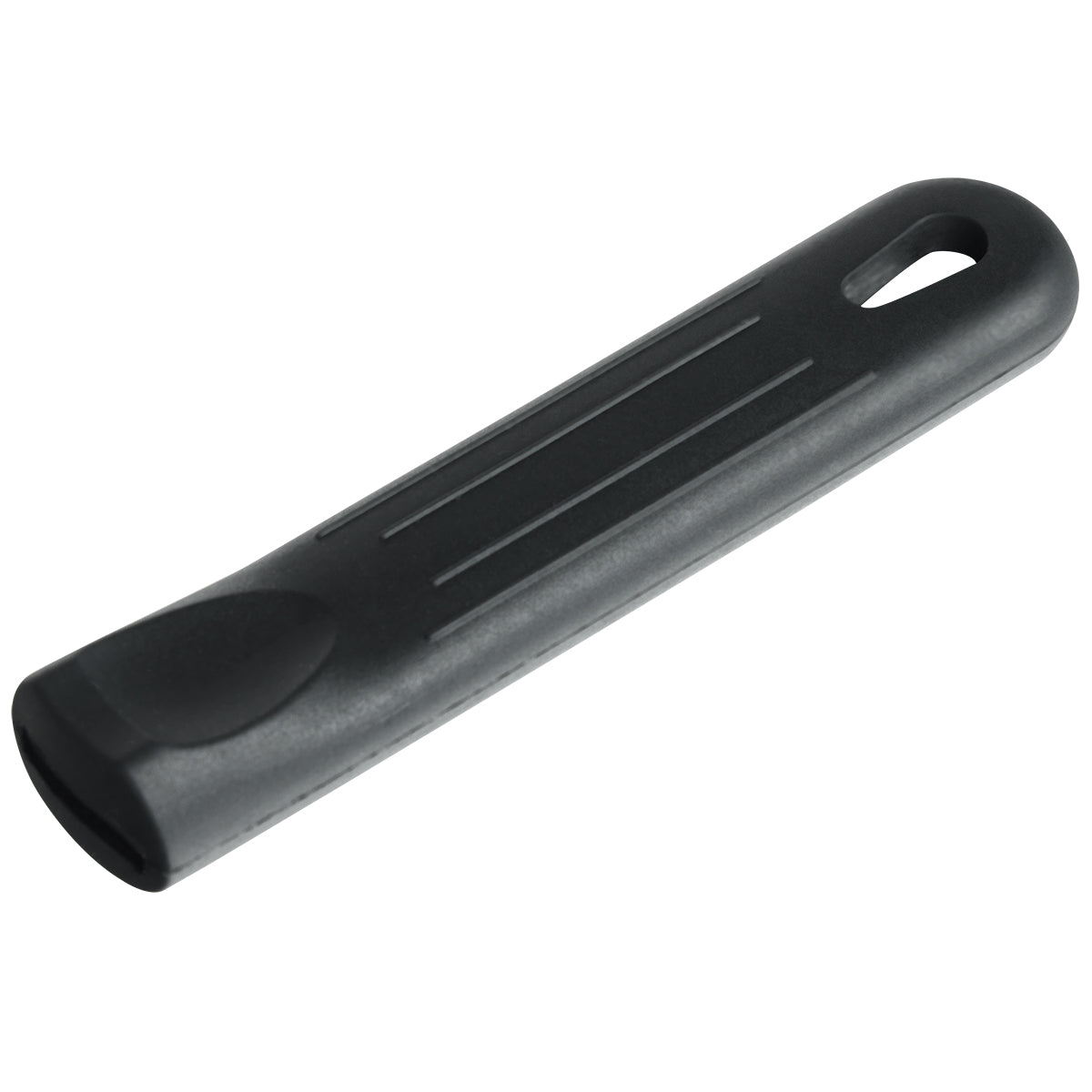 A black plastic tire lever with a slightly curved shape, ridged top surface for grip like a silicone pan handle sleeve, and a rounded end featuring a slot for hooking onto spokes. The flat opposite end is slightly wider for prying bike tires off rims.