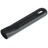 A black plastic tire lever with a slightly curved shape, ridged top surface for grip like a silicone pan handle sleeve, and a rounded end featuring a slot for hooking onto spokes. The flat opposite end is slightly wider for prying bike tires off rims.