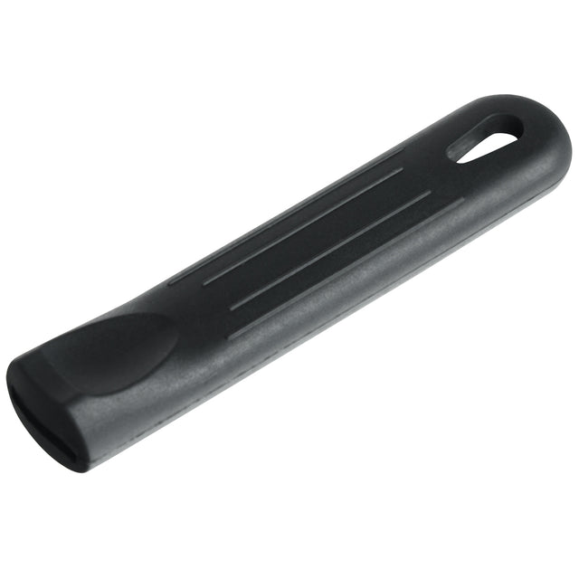 A black plastic tire lever with a slightly curved shape, ridged top surface for grip like a silicone pan handle sleeve, and a rounded end featuring a slot for hooking onto spokes. The flat opposite end is slightly wider for prying bike tires off rims.