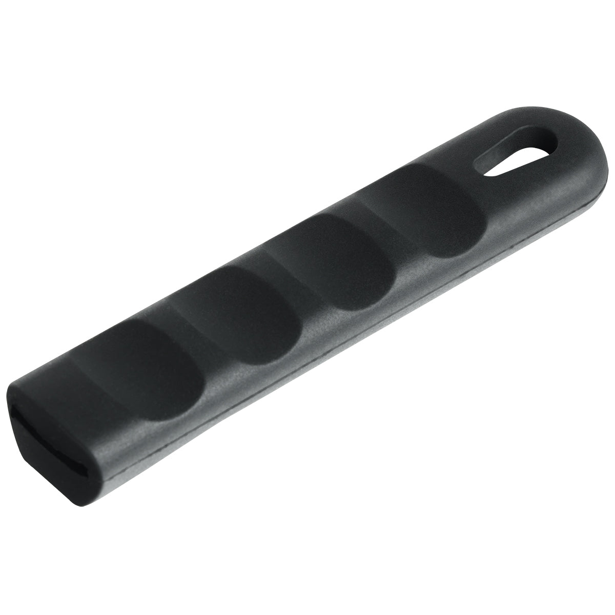 A black, rectangular silicone Pan Handle Sleeve with four finger grooves and a rounded end featuring an oval hole, designed for 14 pans. The ergonomic, matte surface provides a comfortable grip for safe handling.