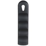 A black, elongated silicone pan handle sleeve with four raised grip sections and a rounded top featuring a teardrop-shaped hole for hanging. The matte finish and minimalist design offer functional style for 14 pans.
