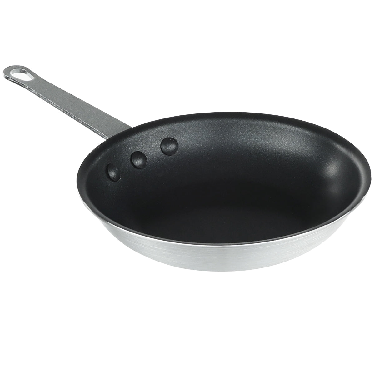 A 7 inch non stick fry pan with a smooth black interior and a silver metallic exterior. It features a flat base, gently sloped sides, and a long metal handle with a hole for hanging, securely fastened by three rivets.