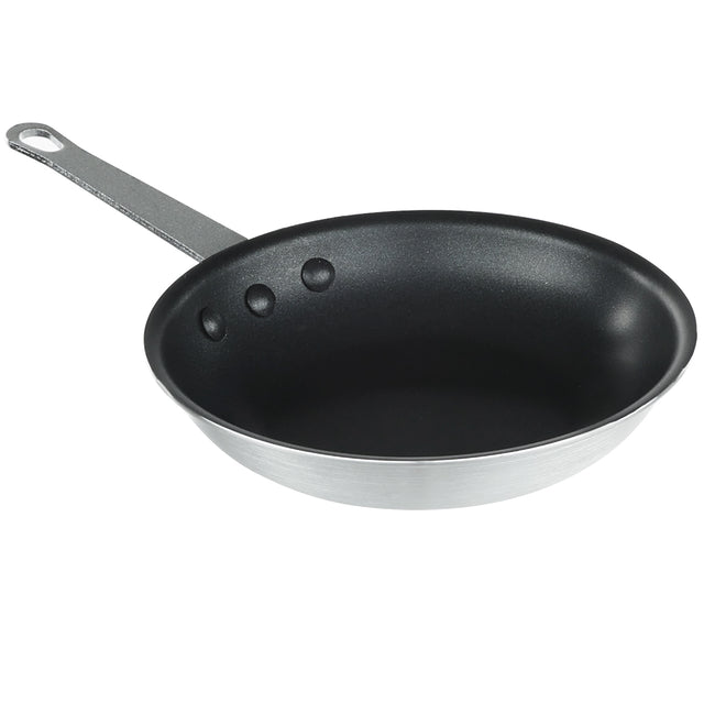 A 7 inch non stick fry pan with a smooth black interior and a silver metallic exterior. It features a flat base, gently sloped sides, and a long metal handle with a hole for hanging, securely fastened by three rivets.