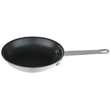 A 7 inch non stick fry pan with a black, smooth interior and a silver metal exterior. It features a long, straight metal handle with a hole at the end for hanging. The pan is displayed on a plain white background.