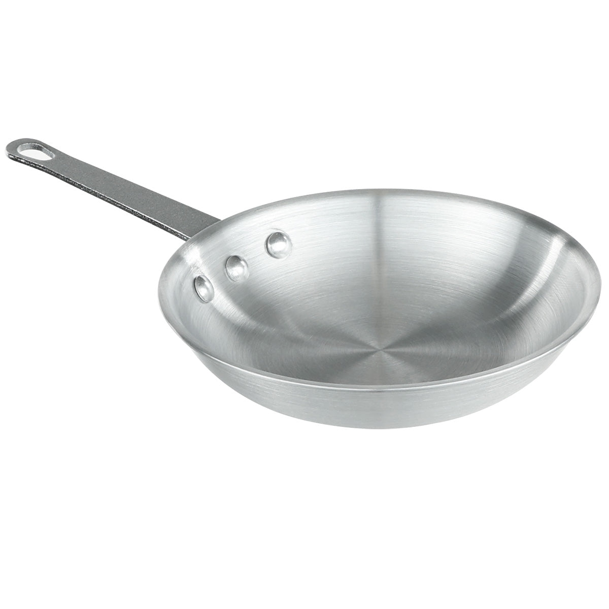 A shiny, Chef Approved aluminum fry pan with a long, flat handle attached by three rivets. The pan has gently sloped sides and a circular base, shown resting on a white background.