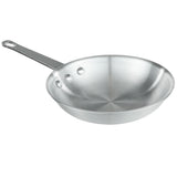 A shiny, Chef Approved aluminum fry pan with a long, flat handle attached by three rivets. The pan has gently sloped sides and a circular base, shown resting on a white background.