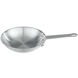 A silver aluminum Fry Pan with a smooth, round base and slightly flared sides. It features a long, straight handle attached by two rivets, with a hole for hanging. Chef Approved and photographed against a white background, the pan appears empty.