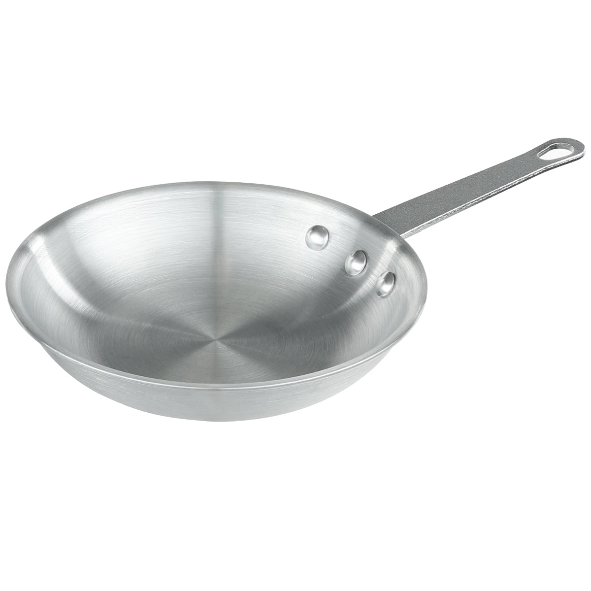 A shiny, chef-approved aluminum fry pan with a flat base and slightly flared sides. It features a long, straight handle secured by three visible rivets and a hole at the end for hanging. The empty pan is displayed on a white background.