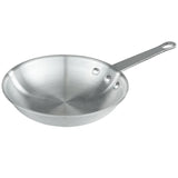 A shiny, chef-approved aluminum fry pan with a flat base and slightly flared sides. It features a long, straight handle secured by three visible rivets and a hole at the end for hanging. The empty pan is displayed on a white background.