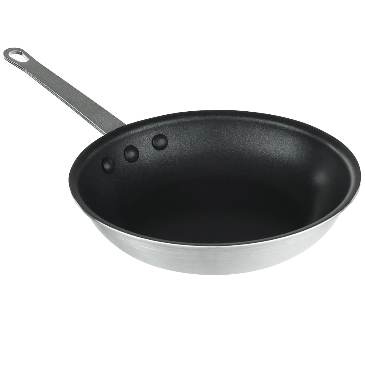 A non-stick aluminum fry pan with a black interior and silver metal exterior. It features a long, flat handle with a hanging hole and three rivets. The pan is empty and set against a white background.