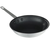 A non-stick aluminum fry pan with a black interior and silver metal exterior. It features a long, flat handle with a hanging hole and three rivets. The pan is empty and set against a white background.
