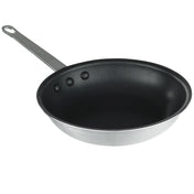 A non-stick aluminum fry pan with a black interior and silver metal exterior. It features a long, flat handle with a hanging hole and three rivets. The pan is empty and set against a white background.