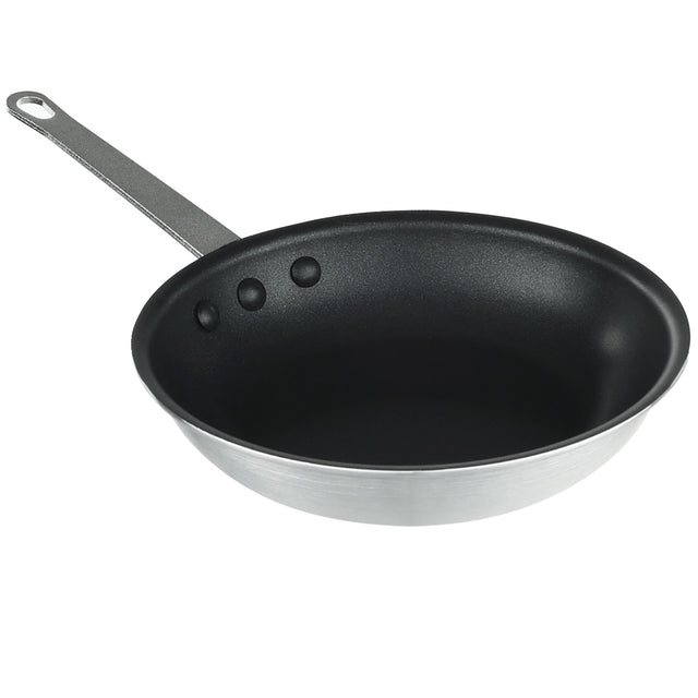 A non-stick aluminum fry pan with a black interior and silver metal exterior. It features a long, flat handle with a hanging hole and three rivets. The pan is empty and set against a white background.