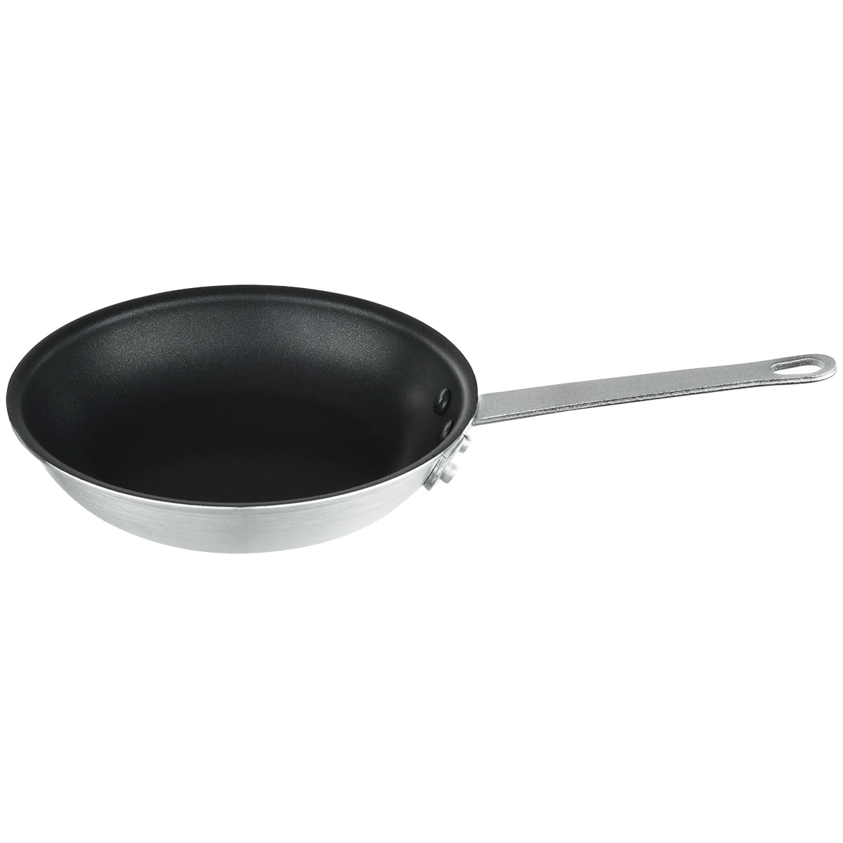 An aluminum fry pan with a non stick black interior and a long silver handle. The handle has a hole at the end, likely for hanging. The pan is empty and photographed against a plain white background.