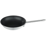 An aluminum fry pan with a non stick black interior and a long silver handle. The handle has a hole at the end, likely for hanging. The pan is empty and photographed against a plain white background.