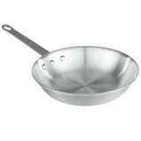 An 8 inch aluminum fry pan with a silver-colored, smooth, and reflective surface. It features a long flat handle with a hole at the end, three rivets attaching the handle to the pan, and a wide, shallow, slightly sloped interior.