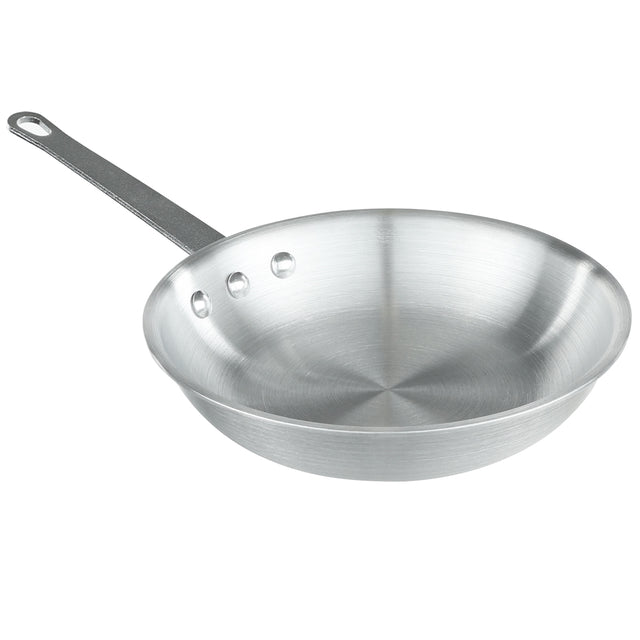 An 8 inch aluminum fry pan with a silver-colored, smooth, and reflective surface. It features a long flat handle with a hole at the end, three rivets attaching the handle to the pan, and a wide, shallow, slightly sloped interior.